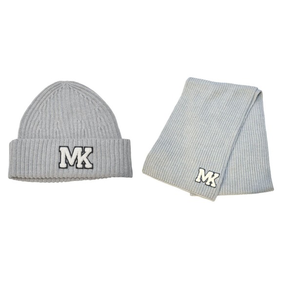 Michael Kors Varsity Unisex Beanie Hat & Scarf 2 Piece Set Pearl Grey $156 Nwt - Picture 1 of 6